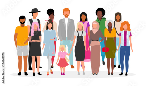 Multiracial people group flat vector illustration. Multicultural young adults together cartoon characters. Community, society. Diverse women and men. Unity in diversity, international tolerance
