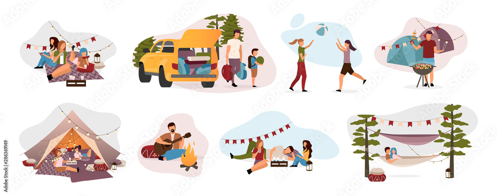 Naklejka premium Summer camp visitors flat vector illustrations set. Holidaymakers isolated cartoon characters. Travelers, hikers resting in tent, hammock with campfire. Summertime relax, recreation, countryside trip