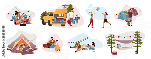Summer camp visitors flat vector illustrations set. Holidaymakers isolated cartoon characters. Travelers, hikers resting in tent, hammock with campfire. Summertime relax, recreation, countryside trip