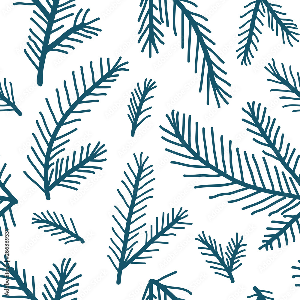 Doodle pine branches hand drawn seamless pattern