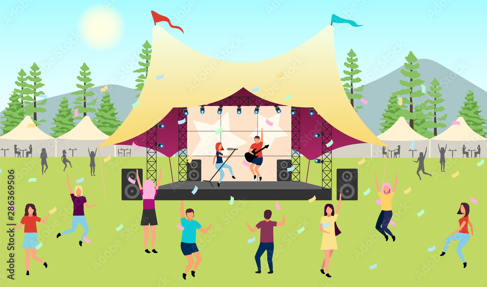 Summertime music festival flat vector illustration. Open air live performance. Rock, pop musician concert in park, camp. Enjoying music outside in summer. Dancing cartoon characters Summertime music festival flat vector illustration. Open air live performance. Rock, pop musician concert in park, camp. Enjoying music outside in summer. Dancing cartoon characters