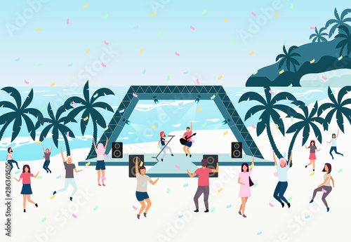 Beach party flat vector illustration. Open air live performance. Rock, pop musician concert in park, camp. Concert on shore of tropical island. Dancing holidaymakers, tourists cartoon characters