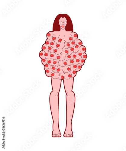 Woman with many boobs. lot of tits. Hooters goddess. vector illustration