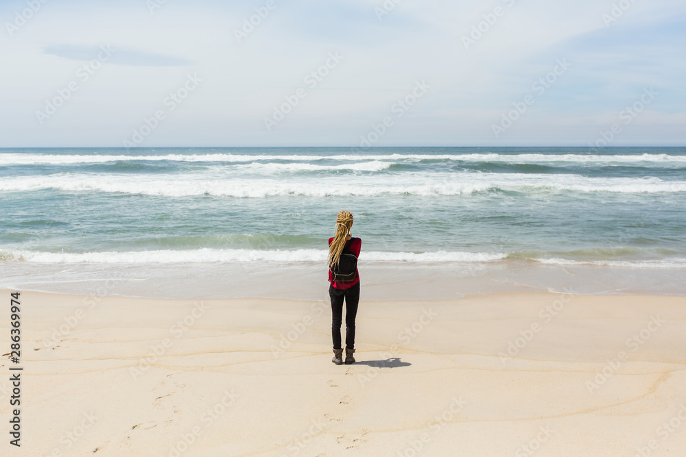 Young woman, view from the back, standing on shore watching the ocean. Young woman, view from the back, standing on shore watching the ocean.