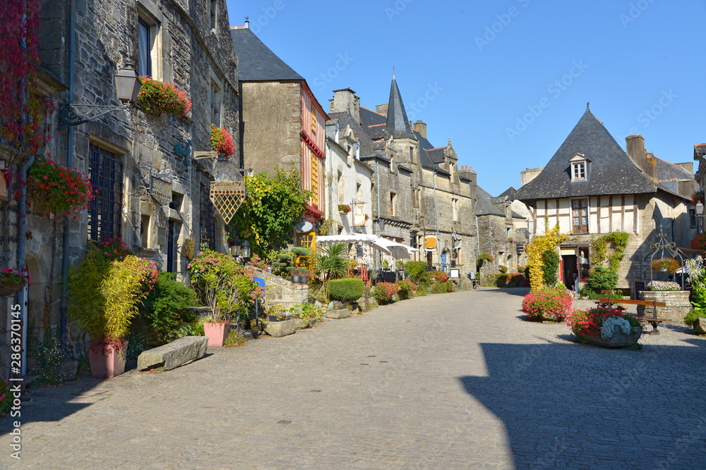 Downtown of Rochefort en Terre, a commune in the Morbihan department of Brittany in north-western France. Rochefort-en-Terre is a designated “Petite Cité de Caractére”