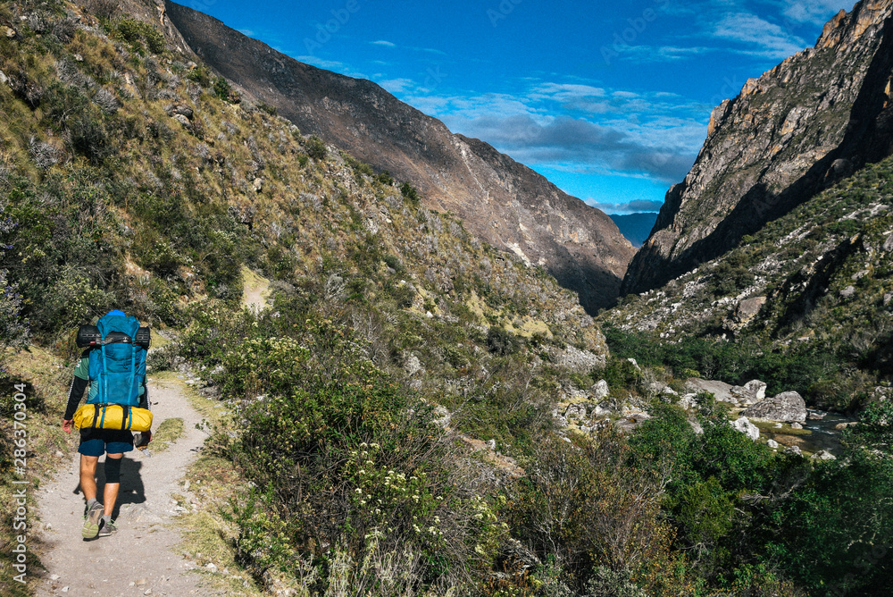 Hiker on Santa Cruz Trek in Huscaran National Park in the Cordillera Blanca in Northern Peru 
