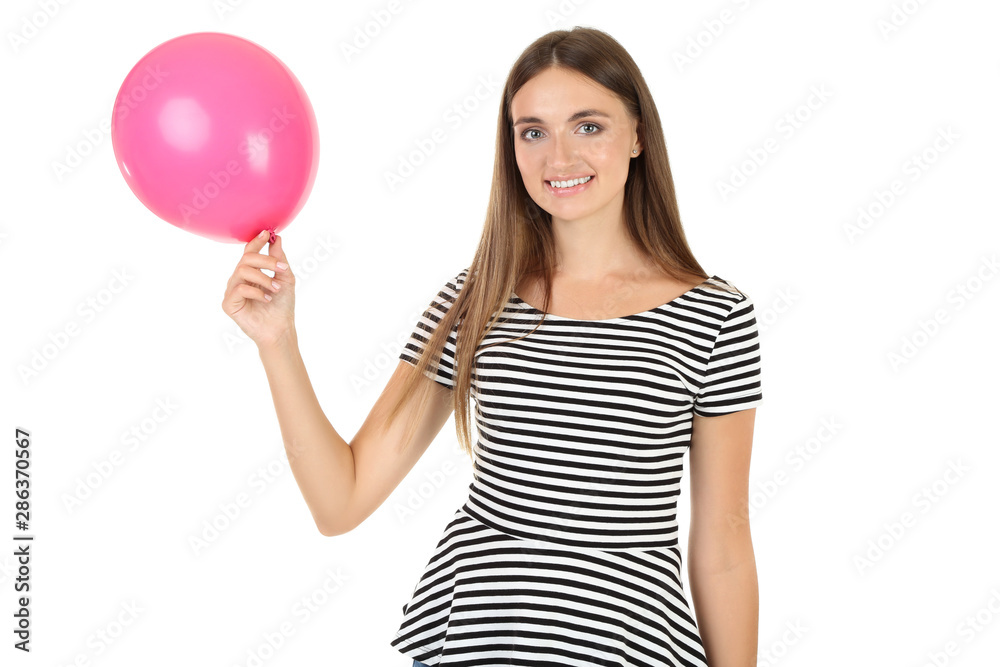 Young woman with pink balloon on white background Young woman with pink balloon on white background
