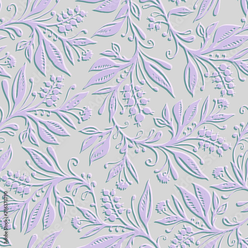 Floral seamless pattern with leaves and berries. Hand drawing. Background for title, image for blog, decoration. Design for wallpapers, textiles, fabrics.