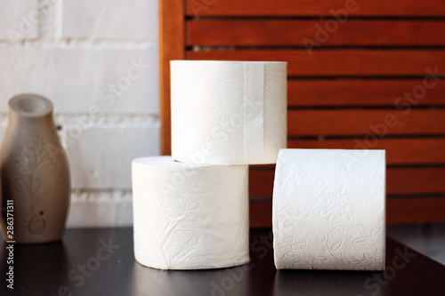 White toilet paper rolls and other home related objects against a white wall. Copy space.