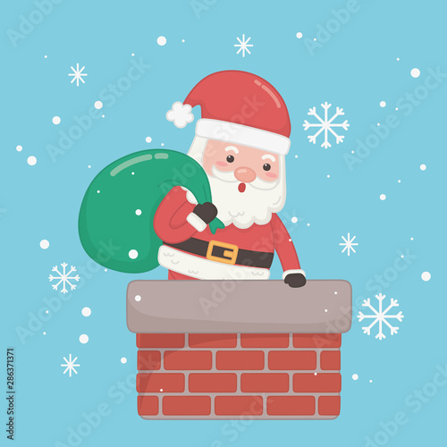 christmas card with santa claus and bag in chimney