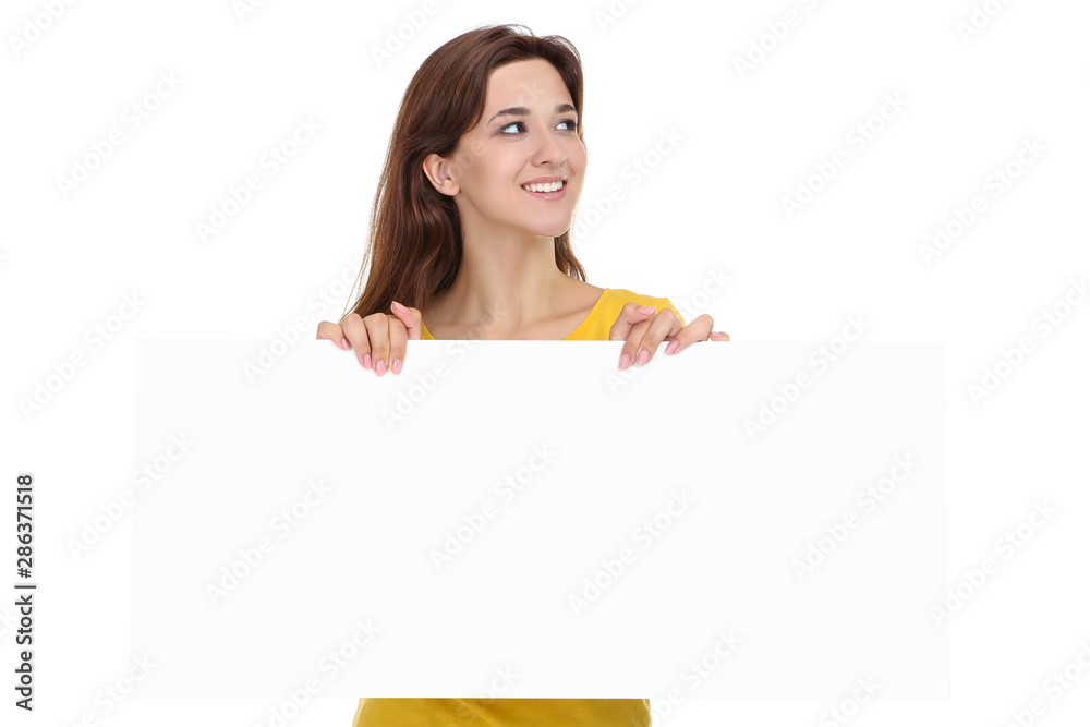 Young woman with blank board on white background Young woman with blank board on white background