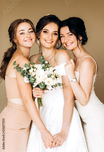 Gorgeous bride with her girlfriends posing in the room