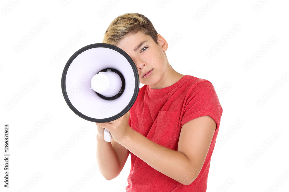Young boy with megaphone isolated on white background Young boy with megaphone isolated on white background