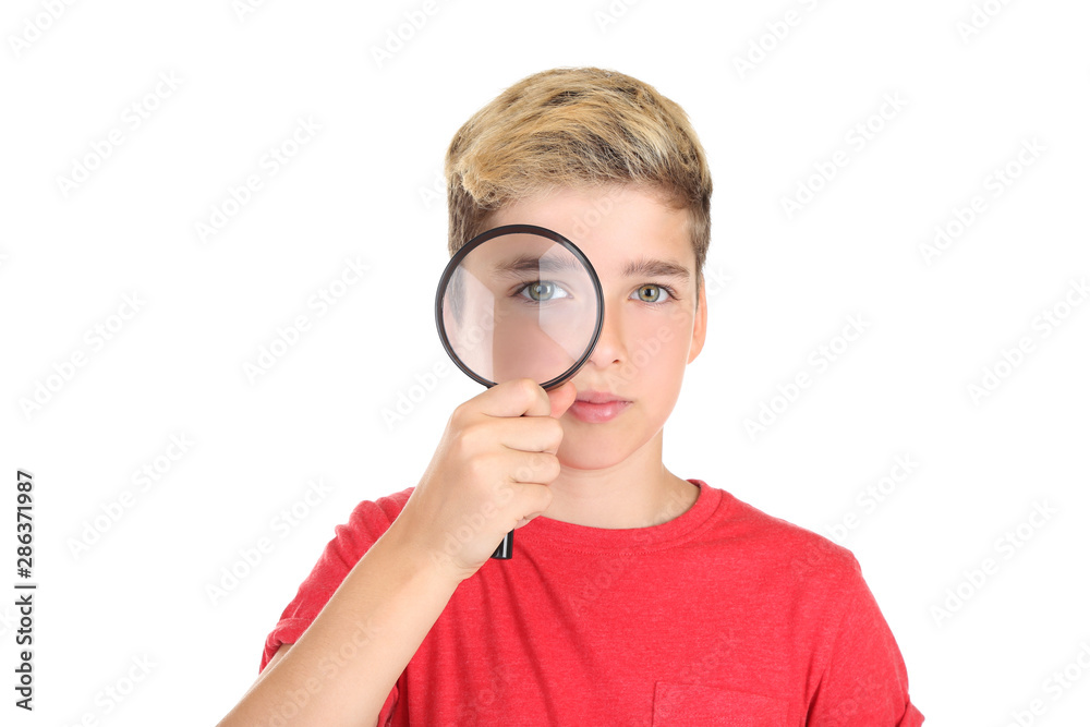 Young boy with magnifying glass on white background Young boy with magnifying glass on white background