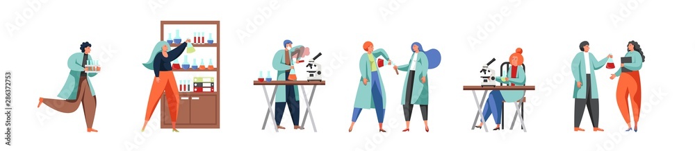 Science people in lab, vector flat isolated illustration Science people in lab, vector flat isolated illustration