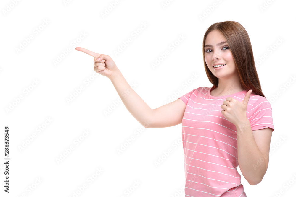 Young woman in pink t-shirt on white background Young woman in pink t-shirt on white background