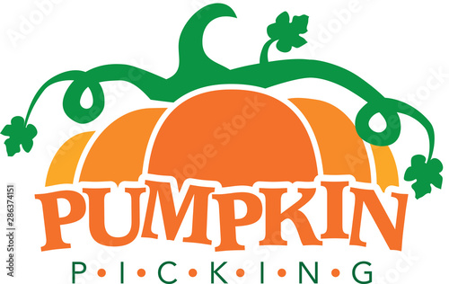 Pumpkin picking logo, farm stand. Pick your own pumpkins sign. Pumpkin picking logo, isolated on white  background, pumpkin sign,  fresh vegetables. Pumpkin icon. Farm stand sign.