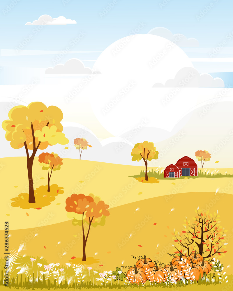 Fantasy panorama landscapes of Countryside in autumn,Panoramic of mid autumn with farm field, mountains, wild grass and leaves falling from trees in yellow foliage. Wonderland landscape in fall season