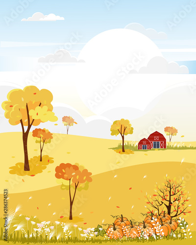 Fantasy panorama landscapes of Countryside in autumn Panoramic of mid autumn with farm field  mountains  wild grass and leaves falling from trees in yellow foliage. Wonderland landscape in fall season