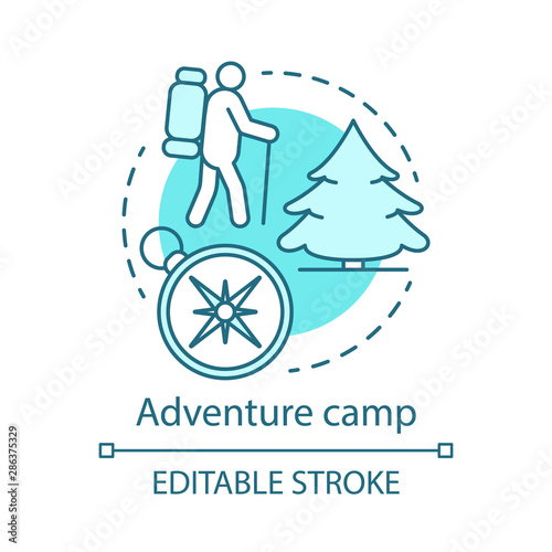 Adventure camp concept icon. Summer hiking and camping club, holiday resort idea thin line illustration. Backpacking in woods, travelling in forest. Vector isolated outline drawing. Editable stroke
