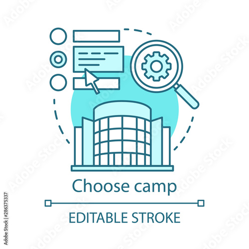 Choose camp concept icon. Holiday resort, interest club application idea thin line illustration. Different summer camp variants research, information. Vector isolated outline drawing. Editable stroke