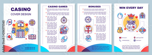 Casino brochure template layout. Gambling. Card games, slots, betting. Flyer, booklet, leaflet print design with linear icons. Vector page layouts for magazines, annual reports, advertising posters