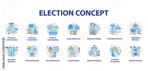 Election concept icons set. Political campaign and propaganda idea thin line illustrations. President elections. Public opinion and voting. Vector isolated outline drawings. Editable stroke