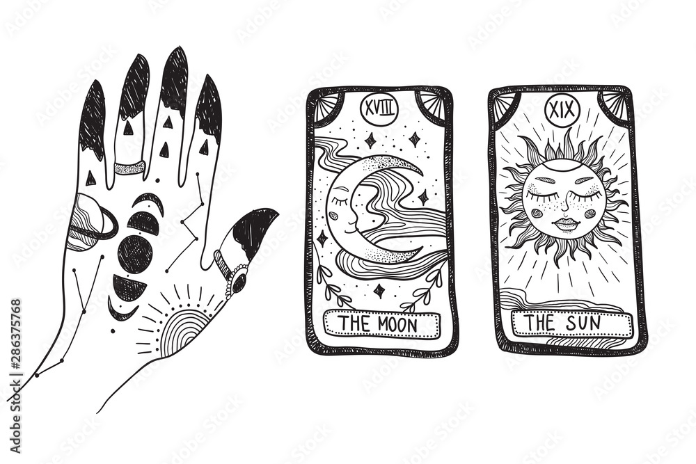 Witch's hand with tattoos, stars and moon phases. Tarot cards. Tattoo sketch. Vector graphic illustration on white isolated background Stock Vector