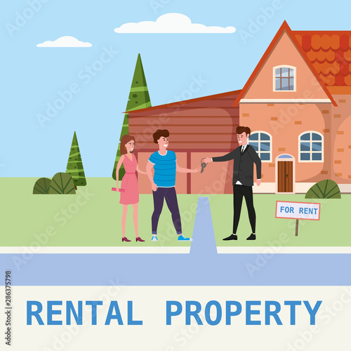 Real estate concept. House rent service. Modern family characters rent new house or big appartment