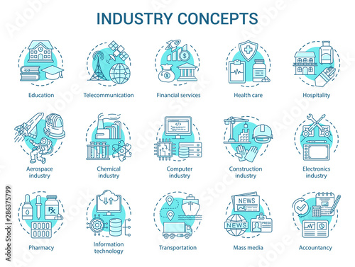 Industry concept icons set. Technology development. Manufacturing, provide service, research and development idea thin line illustrations. Vector isolated outline drawings. Editable stroke
