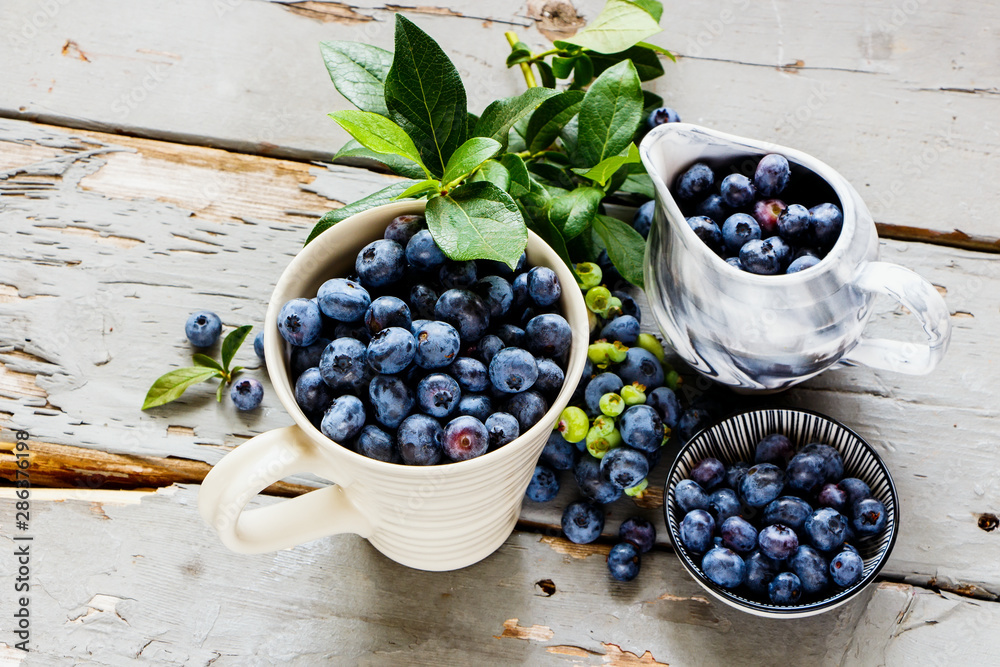 Blueberries with green leaves Blueberries with green leaves