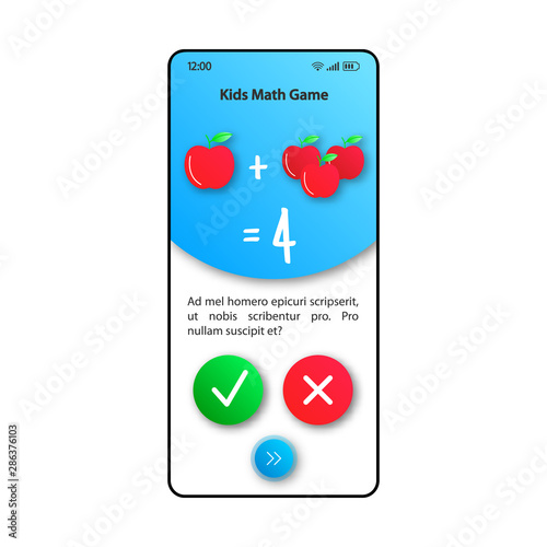 Kids maths smartphone interface vector template. Mobile app page white and blue design layout. Arithmetics game screen. Flat UI for application. Teaching children counting phone display