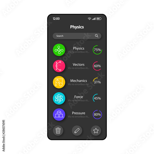 Learning physics smartphone interface vector template. Mobile app page black design layout. School subject screen. Flat UI for application. Self-study educational materials phone display