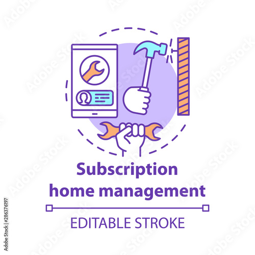 Subscription home management concept icon. Construction tools shop idea thin line illustration. Repairman call service. Smartphone, wrench and hammer vector isolated outline drawing. Editable stroke