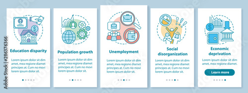 Social problems onboarding mobile app page screen with linear concepts. Unemployment, economic deprivation, population growth walkthrough graphic instructions. UX, UI, GUI vector template with icons