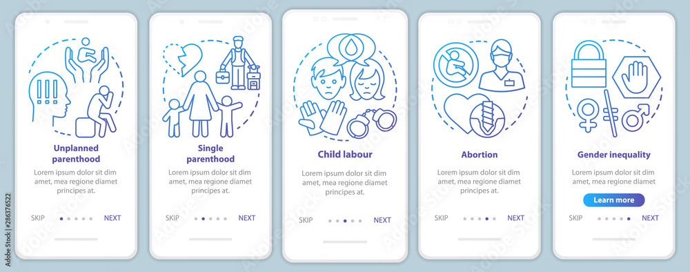 Social issues onboarding mobile app page screen with linear concepts. Single parenthood, child labour, abortion, gender inequality walkthrough graphic instructions. UX, UI, GUI template with icons