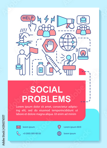 Social problems, issues poster template layout. Violence, abuse and antisocial behavior. Banner, booklet, leaflet print with linear icons. Vector brochure page layouts for magazines, advertising flyer
