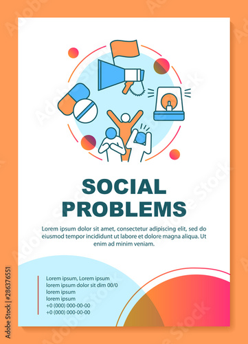 Social problems, issues poster template layout. Social disorganization. Antisocial behavior. Banner, booklet, leaflet print design with linear icons. Vector brochure page layouts, advertising flyers