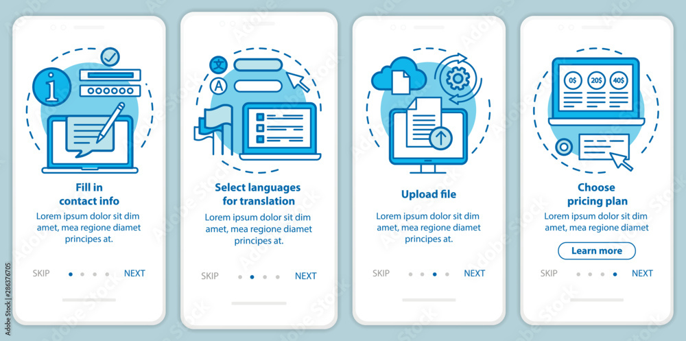 Translation service blue onboarding mobile app page screen with linear concepts. Upload file, choose pricing plan walkthrough steps graphic instructions. UX, UI, GUI vector template with illustrations