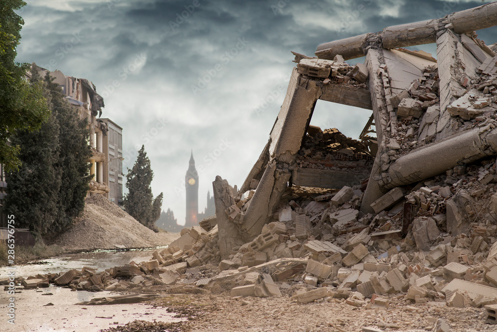 Fototapeta premium View on a collapsed concrete industrial building with British Parliament behind and dark dramatic sky above. Damaged house. Scene full of debris