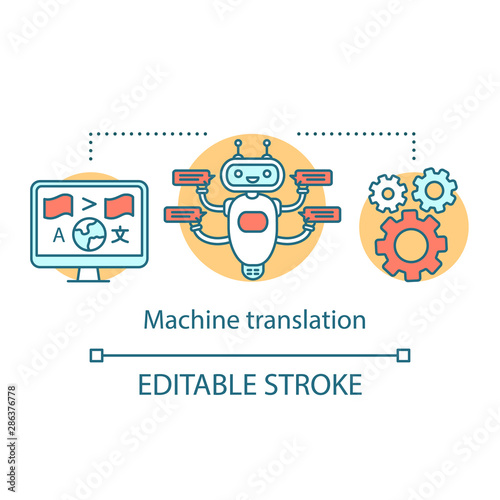 Translation services concept icon. Automated machine interpretation idea thin line illustration. Multilingual automatic online chatbot, bot. Vector isolated outline drawing. Editable stroke
