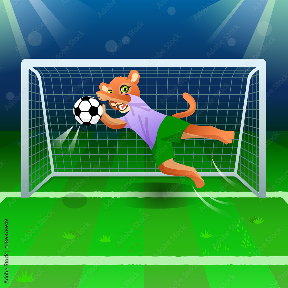 Fototapeta premium The cougar as a goalkeeper catching the soccer ball near gates on the field