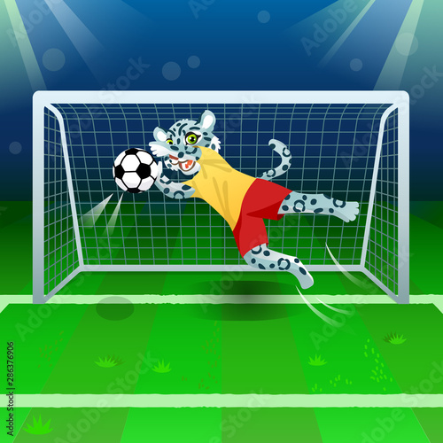 The snow leopard as a goalkeeper catching the soccer ball near gates on the field