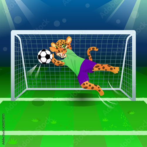 The jaguar as a goalkeeper catching the soccer ball near gates on the field
