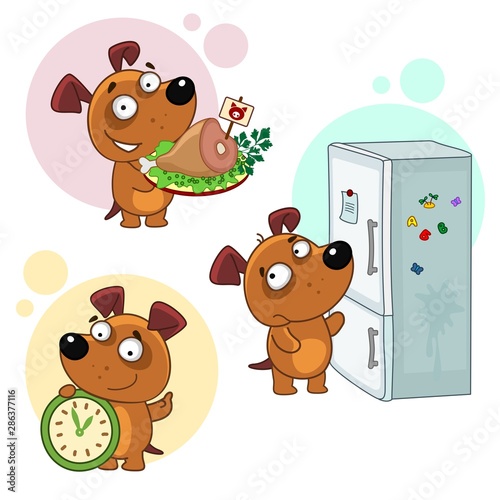 Set of icons with small dogs for design. Puppy and food. The dog opens the refrigerator, stands with a plate with meat ham, holds a clock.