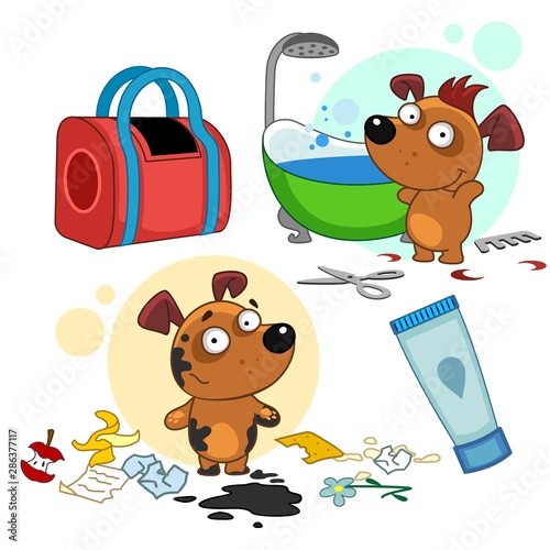 Set of icons with small dogs for design. The puppy is dirty and clean. A dog in the mud with a bunch of garbage and a dog is clean, washed and trimmed in the bathroom. Travel bag and shower gel.