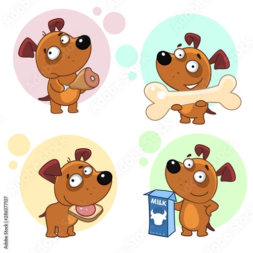 Fototapeta Naklejka Na Ścianę i Meble -  Set of icons with small dogs for design. Puppy and food. A dog with a huge bone, with a sandwich, with a piece of meat and with milk.
