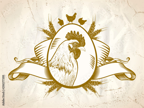 Hen or rooster symbol, old style chicken logo
