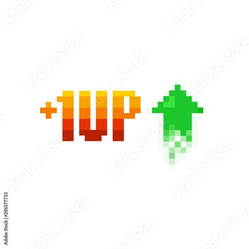 Pixel art 1 level up and green arrow icon on white background - isolated vector illustration