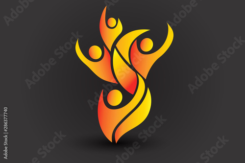 Fire flame teamwork people firemen logo vector icon